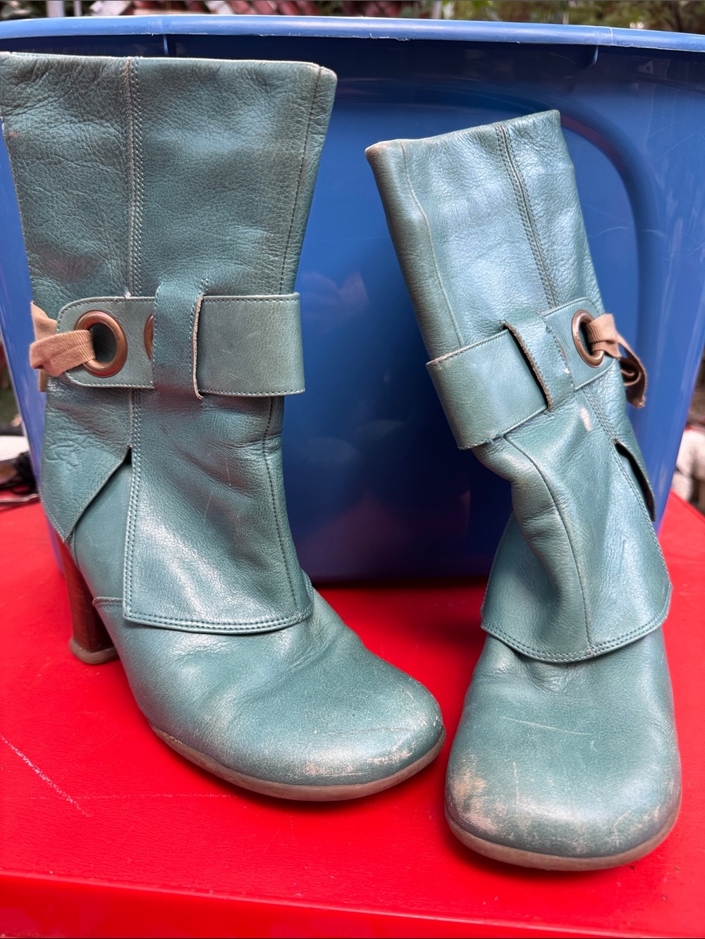 John Fluevog Teal Mid-Calf Leather Heeled Boots with Buckle